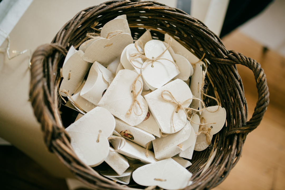 wedding confetti in basket on table