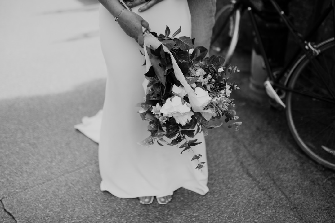 white wedding dress and flowers