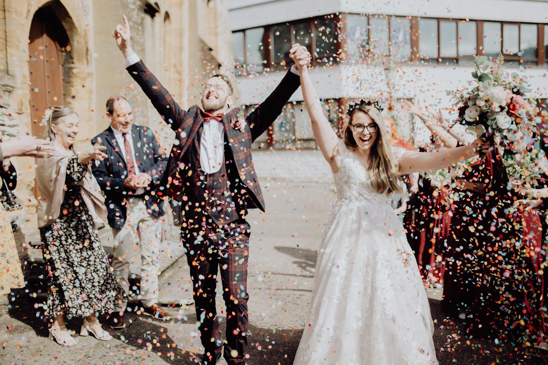wedding confetti throw in street