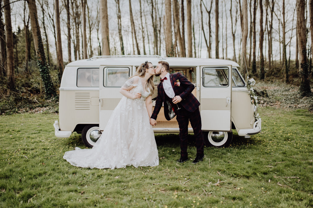 classic wedding camper van in woods