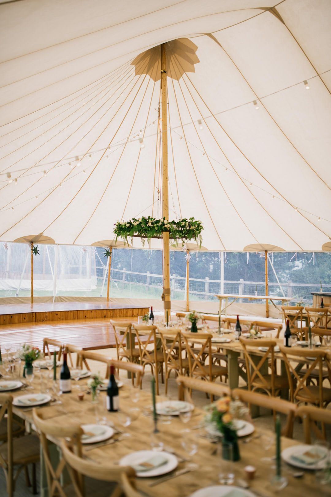 canvas wedding tent with string lights