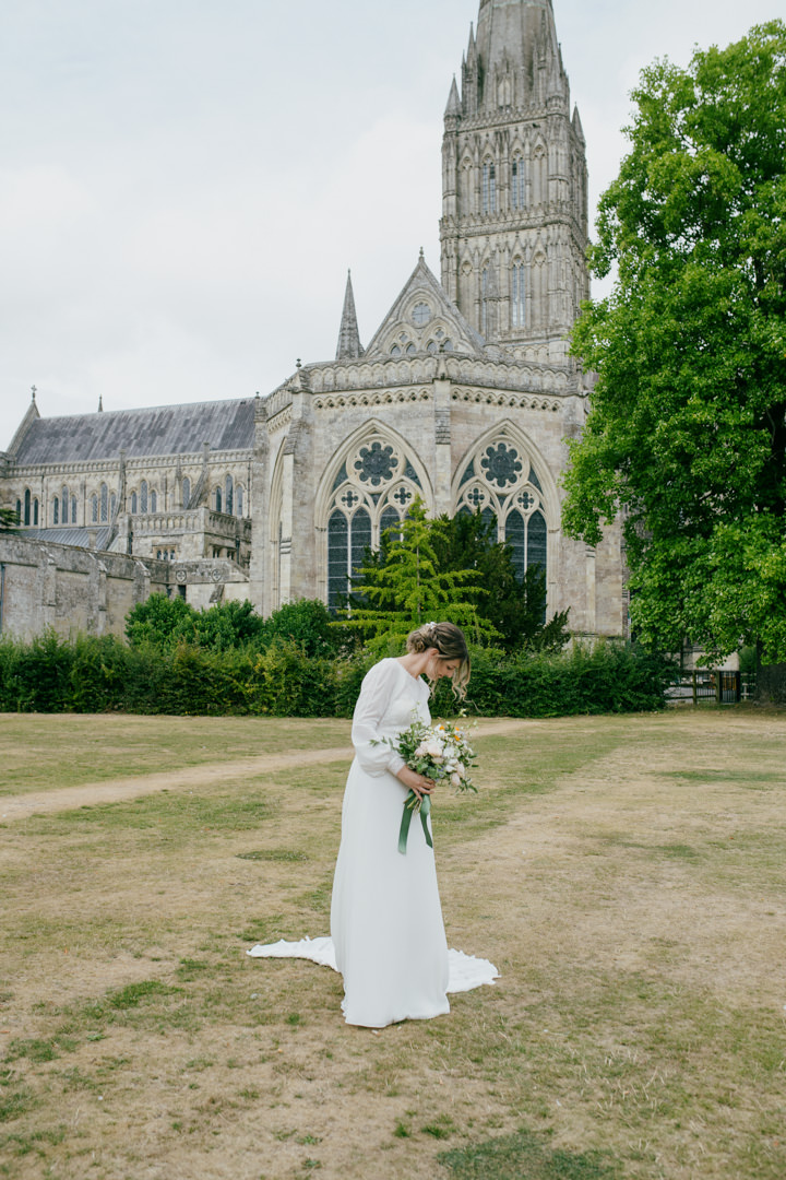 bride in white dress Salisbury Cathedral